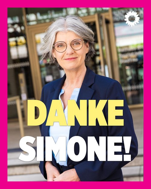 Bild von der Bürgermeisterkandidatin der GRÜNEN in Brühl, Simone Holderried, mit dem Text: Danke Simone!