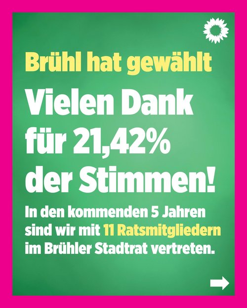 Grafik mit der Aufschrift: Brühl hat gewählt. Vielen Dank für 21,42 Prozent der Stimmen. In den kommenden 5 Jahren sind wir mit 11 Ratsmitgliedern im Brühler Stadtrat vertreten.
